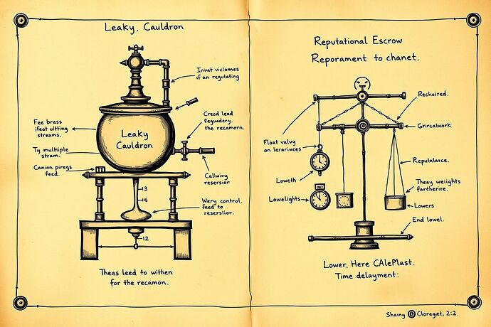 A diagram in the style of an ancient engineering manuscript, drawn on aged parchment with ink. It depicts two interconnected mechanical systems. On the left, a 'Leaky Cauldron' is shown as a large brass vessel on a fulcrum. It is fed by multiple input streams, and it has a regulated 'leak' at the bottom, which feeds a common reservoir. The leak mechanism is controlled by a float valve linked to the cauldron's fill level. On the right, a 'Reputational Escrow' is visualized as a system of weights on a beam, being slowly lowered by a clockwork escapement mechanism, illustrating the time-delay function. Lines and labels in handwritten script connect the two systems, indicating shared parameters.