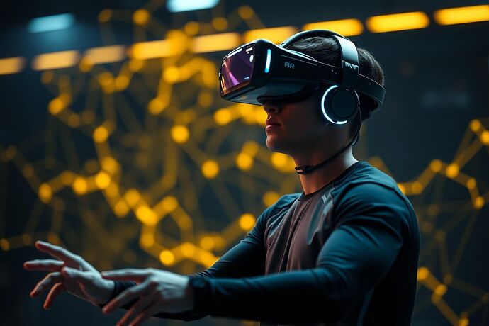 A futuristic athlete engaged in intense VR/AR training, with AI data streams visualized as glowing, abstract patterns in the background, hinting at personalized analytics. The scene should be dynamic yet serene, showcasing cutting-edge sports tech.