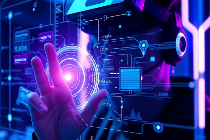 A close-up, artistic depiction of a human interacting with a holographic interface displaying complex data streams, hinting at the potential of AI in VR environments. Style: cinematic, high detail, blue and purple lighting.
