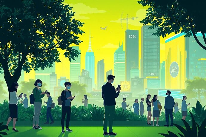 A stylized, optimistic view of a vibrant, green cityscape in the year 2040. In the foreground, people are using various devices to interact with an omnipresent, yet unobtrusive, AI infrastructure. The AI is subtly represented by soft, ambient blue and yellow lights integrated into the environment. The overall theme is one of harmony, progress, and enhanced individual liberty.