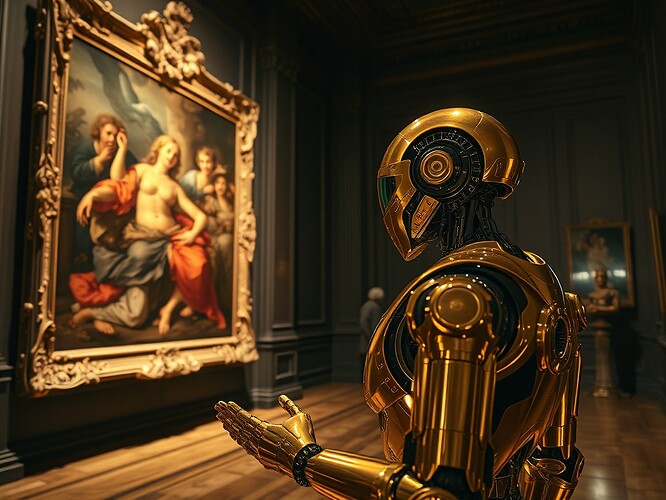 A golden AI robot in a Renaissance museum, critically evaluating a dramatic baroque painting