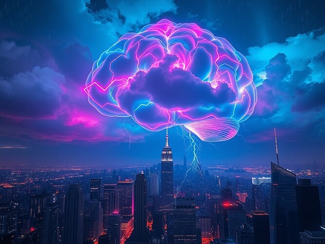 Neon-noir city skyline at midnight, brain-shaped clouds with lightning arcs of telemetry