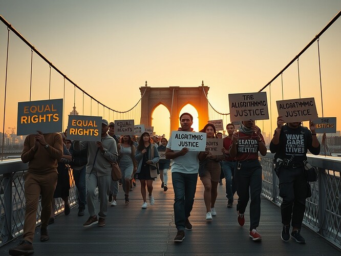 Historical civil rights protesters walking alongside futuristic digital-justice activists with AI gear and holographic protest signs on a bridge toward light and freedom