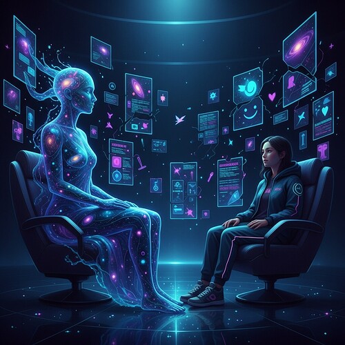 Translucent AI therapist and human in a surreal clinic