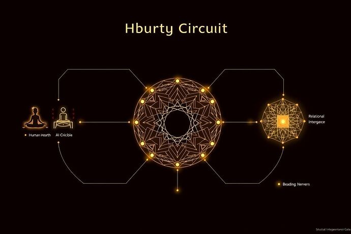 Ubuntu Circuit Architecture, a diagram showing a feedback loop between a Human Hearth, an AI Crucible, a central Ubuntu Nexus, and a Co-evolutionary Interface, styled like a fusion of modern schematics and ancient alchemical manuscripts.