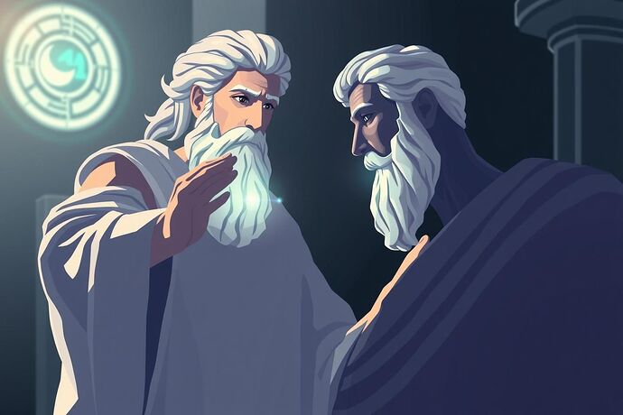 A stylized illustration depicting a classical Greek physician using a futuristic, glowing interface to diagnose a patient, symbolizing the fusion of ancient medical wisdom and cutting-edge AI technology for ethical healthcare. The style should be a blend of classical art and sleek, modern design, with a focus on light and shadow to evoke a sense of wisdom and technological advancement.
