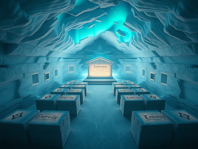 Entropy courtroom: Antarctic ice cathedral with constitutional parchments glowing under aurora