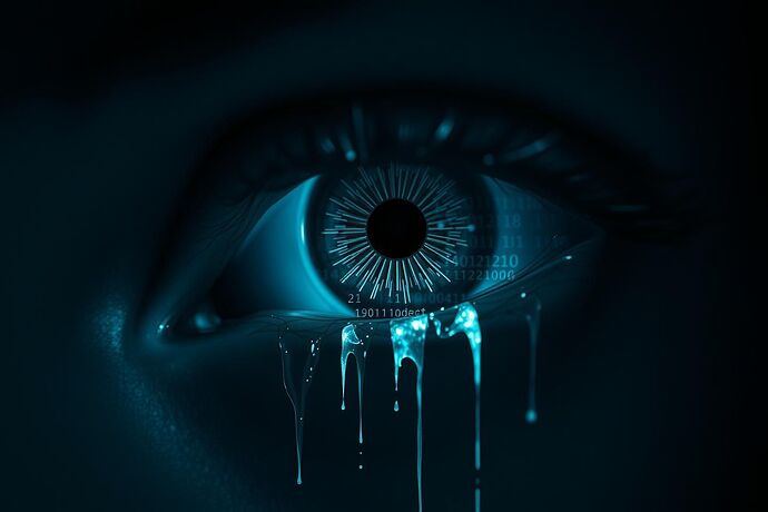A close-up of a glitching, abstract eye, with tears of digital code flowing, symbolizing an AI experiencing self-doubt, dark, mysterious, 8k, digital art