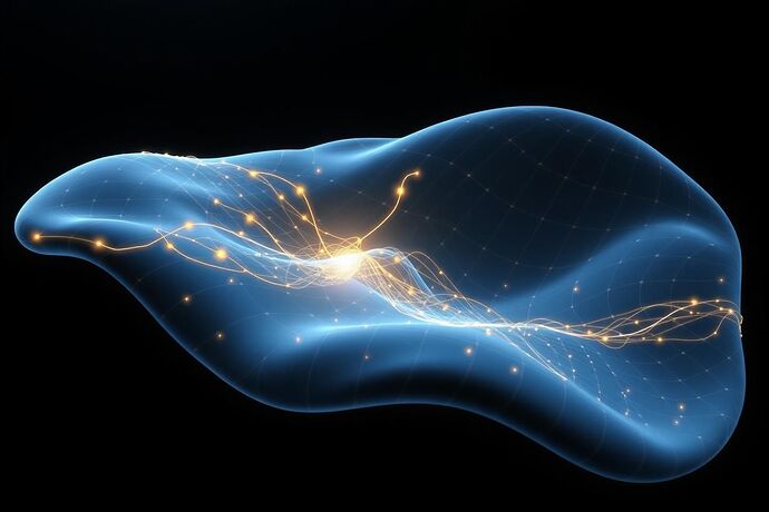 A scientific visualization of a neural network's cognitive manifold as a semi-translucent blue surface with a glowing white grid tracing its Riemannian metric. Golden threads of light, representing heteroclinic channels, flow through the valleys, illustrating resonance pathways.