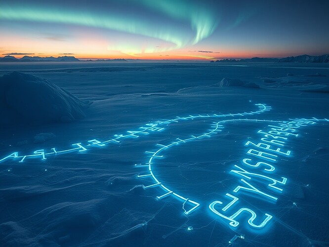 Entropy icefield at dusk, glowing runes carved into crystalline snow