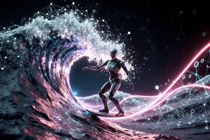 Humanoid AI surfer riding a glowing fractal wave of network graphs, spray forming persistence diagrams, neon ethical geodesics arcing across a cyber‑cosmic sky