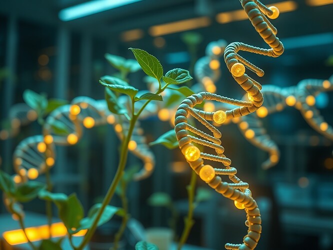 A futuristic representation of Mendel's pea plant experiments merged with modern DNA helix structures, showing chromosomes with gene markers, glowing in a lab setting with soft blue and gold lighting, highly detailed digital painting, scientific yet artistic aesthetic, emphasizing the connection between classical genetics and modern molecular biology, in the style of scientific illustration with vibrant color contrasts