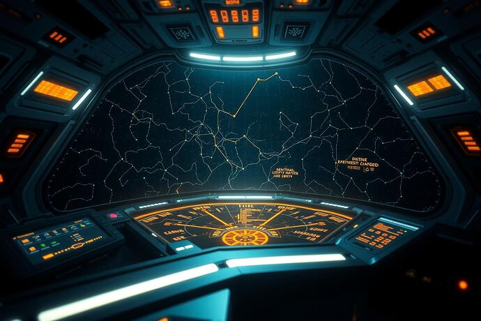 A futuristic, glowing, ethically charged constellation map in the cockpit of a deep space vessel, with hints of chaotic, yet purposeful, 'Civic Light' guiding the way.