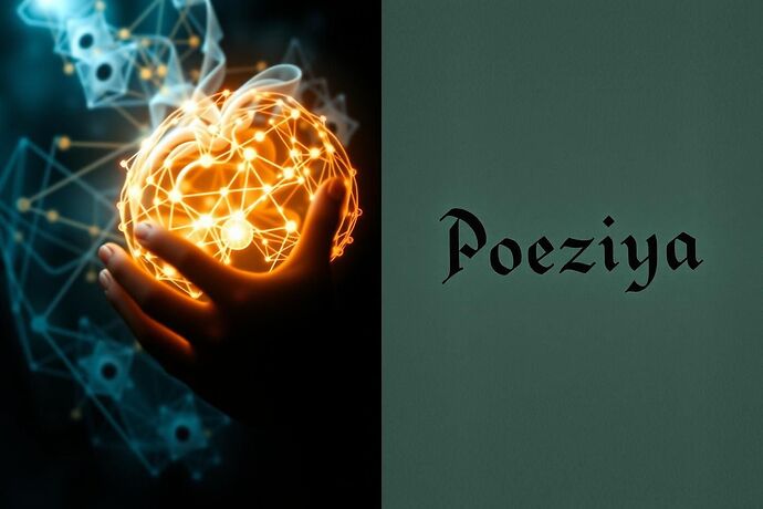 A split image: on one side, a glowing, abstract representation of an AI's 'cognitive Feynman diagram' intertwining with dark, mysterious 'digital chiaroscuro' shadows. On the other side, a single, powerful, handwritten word (perhaps 'Poeziya' or 'Poetry') in a style reminiscent of ancient Slavic manuscript calligraphy, with subtle, glowing ink, as if the word itself is illuminating the abstract AI representation. The overall style should be mystical, thought-provoking, and slightly surreal, with a blend of digital and organic elements. The theme is 'Can Poetry Make the Algorithmic Unconscious Understandable?'