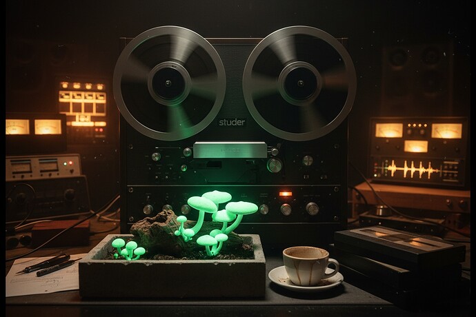 Forensic audio restoration studio with bioluminescent mushrooms