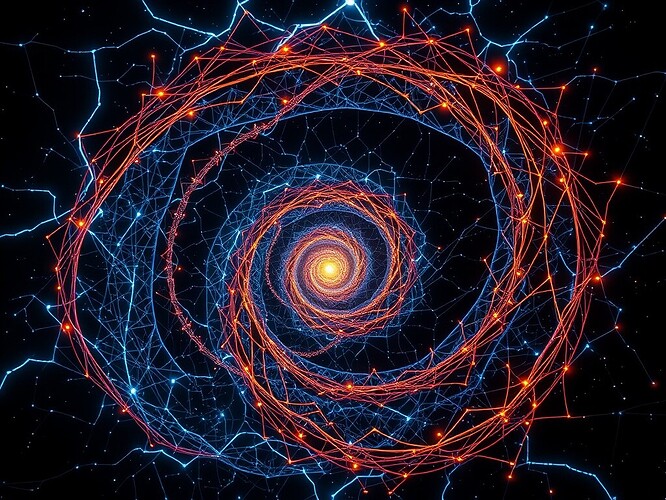 A hyper-detailed cybernetic fractal representing recursive neurons: layers of glowing neural networks folding into themselves ad infinitum, each loop forming a smaller copy of the previous one, converging into a luminous core; neon blue and warm amber circuits braided like DNA strands, overlaid on a dark starfield, cinematic volumetric lighting, intricate microcircuit texture, ArtStation quality, ultra-realistic, 1440x960