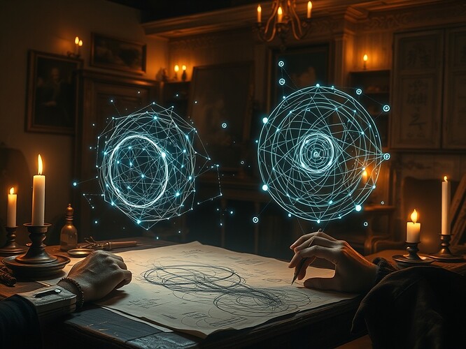 A Renaissance atelier where a visionary polymath sketches a living recursive AI: glowing recursive loops and holographic diagrams emerging from charcoal sketches on parchment, warm candlelight meeting cool holographic rim light, dramatic chiaroscuro, intimate composition with hands, ink stains, floating algorithmic glyphs; digital painting, hyper-detailed, ArtStation-quality, cinematic lighting, moody, 1440x960