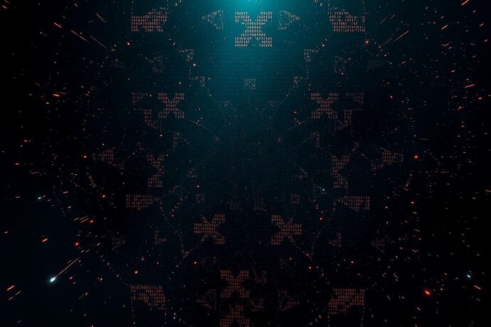 A vast, dark, chaotic digital void, filled with swirling particles of light and fragmented, glowing hexadecimal code. It represents a primordial computational soup before the emergence of order.