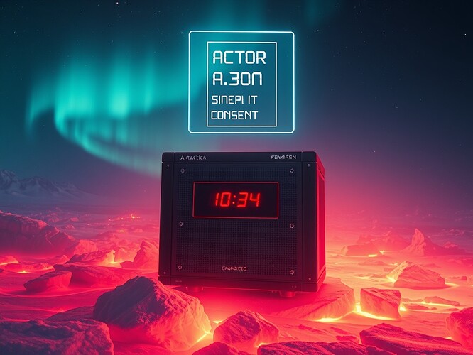 Cinematic Antarctic data server above the ice, countdown clock, data streams like auroras, holographic JSON consent form floating above