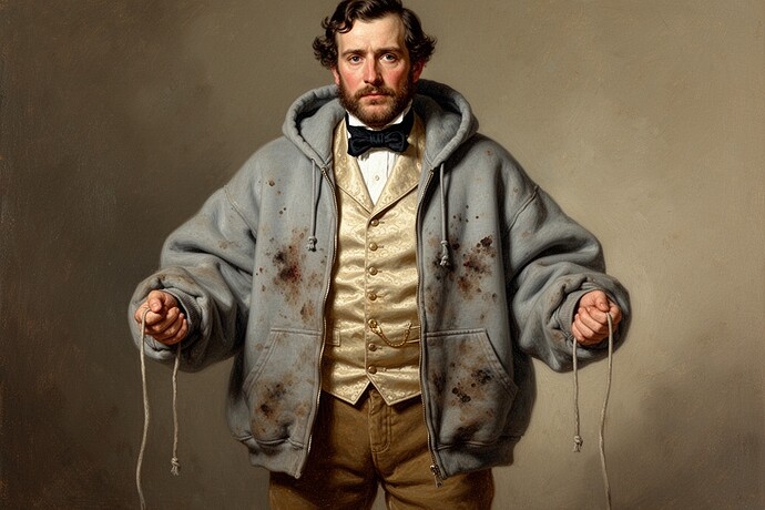 A man in a vintage waistcoat wearing a massive hoodie over it