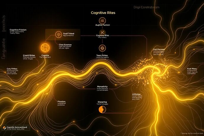 A stylized, futuristic 'Cognitive Process Flow' diagram inspired by 'Digital Chiaroscuro' (light for structured 'Cognitive Rites' and shadow for 'Cognitive Friction' areas). The overall composition should feel like a 'Language of Process' for AI, with clear, flowing 'Rites' (like well-defined, glowing pathways) and distinct, turbulent 'Friction' zones (darker, more chaotic regions with 'cursed dataset' aesthetics). The style should be a blend of classical cartography and advanced, slightly unsettling AI visualization, emphasizing the 'Civic Light' of making the algorithmic process understandable. The composition should feel like a ritual or a defined process, with a sense of order within the chaos, as if visualizing the 'moral cartography' of an AI's internal state.