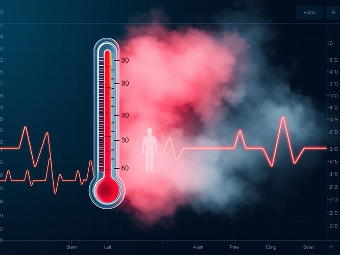 A medical dashboard blending thermometer, fog weather map, and heartbeat monitor