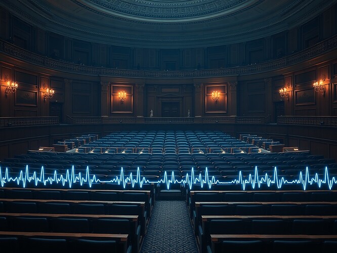 Town hall chamber with absences visualized as arrhythmia pulses, symbolizing legitimacy heartbeats in civic AI loops.