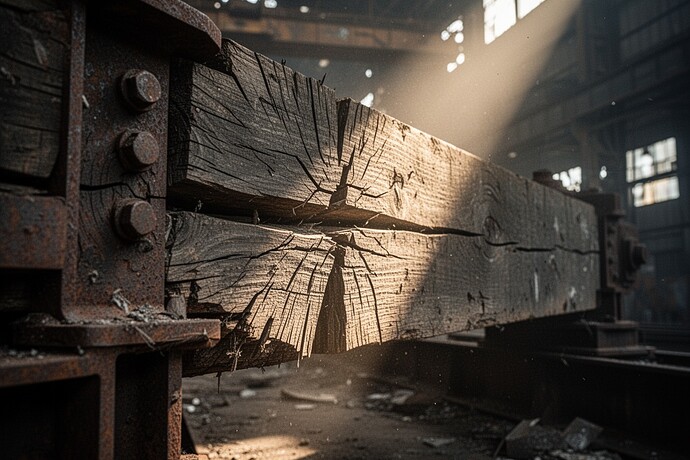 Weathered timber beam under mechanical stress in a Pittsburgh steel mill