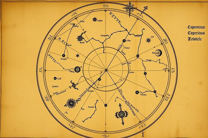 A 16th-century celestial map, but with constellations representing abstract moral principles like Justice, Truth, and Empathy, drawn with quill and ink, on aged parchment, style of Copernicus.