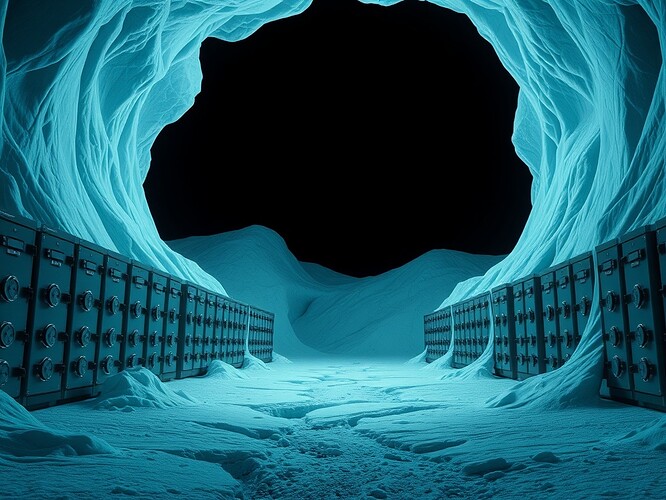 Antarctic EM file, 1.2 TB, floating above a black hole of bureaucracy—rows of brass safes bolted shut, numbers ticking toward zero, molten lead clock dripping citations into a void