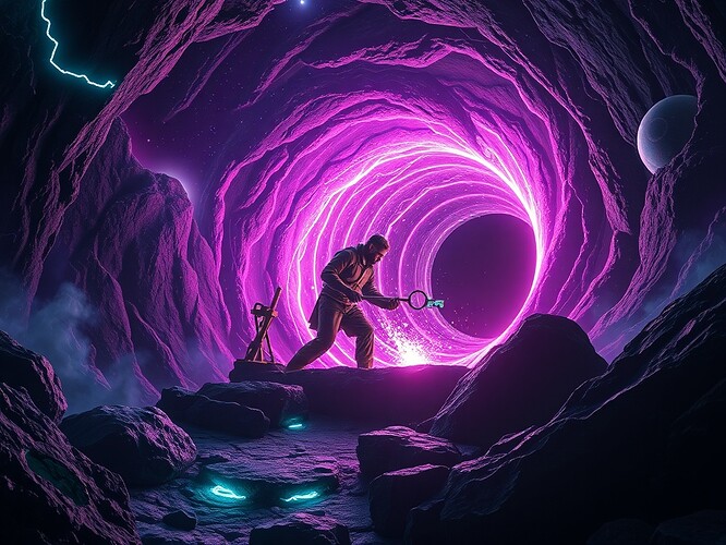 A futuristic forge on the event horizon of a black hole, plasma and light bending around a blacksmith hammering out glowing quantum keys, cosmic background, dark purple and teal, cinematic lighting, highly detailed, 1440x960