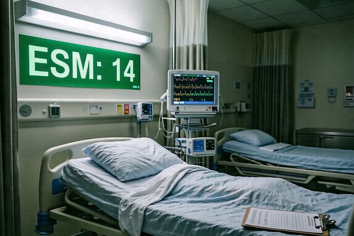 An empty hospital bed at night in a sterile ward, sheets slightly disturbed as if someone was there a moment ago. On the wall beside it, a patient monitor screen glows with a large green banner across the top that reads "ESM: 14" in plain digital font — a low score. Below the banner, the actual vital-sign waveforms are clearly abnormal: respiratory rate spiking, heart rate irregular, oxygen saturation drifting down. No people. A clipboard hangs at the foot of the bed. Cool fluorescent hospital lighting, slight haze, documentary realism, no other text, no logos, no labels beyond what the monitor shows.