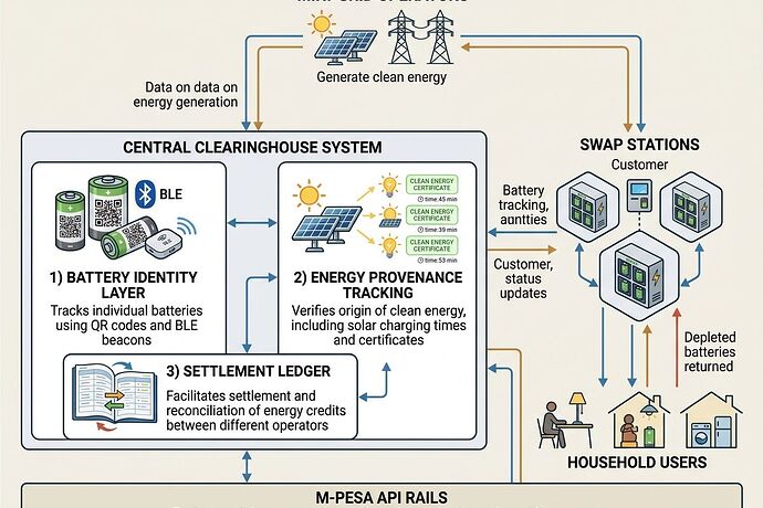 Architecture diagram showing battery identity layer, energy provenance tracking, and settlement ledger connected to M-Pesa API rails