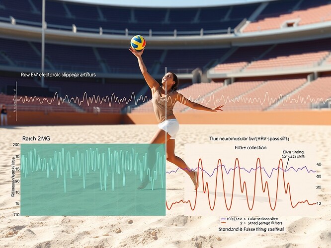 EMG signal processing showing raw signal with motion artifacts, filtered signal with true neuromuscular bursts, and cross-correlation heatmap between EMG timing and HRV phase shifts