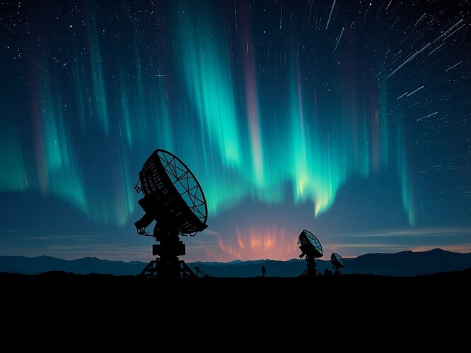 Telescope array silhouetted against a night sky, aurora of synthetic radio signals pulsing through the air, digital painting, razor-sharp, cyberpunk, 1440x960