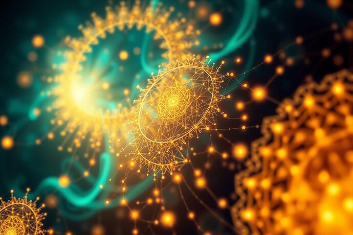 An abstract, hopeful image symbolizing the 'Civic Light' and the 'Visual Social Contract' in the context of AI, with elements evoking natural selection and societal evolution. Think intricate, glowing patterns representing interconnected systems, with a hint of organic, evolutionary forms. The style should be slightly surreal, detailed, and hopeful, emphasizing collective empowerment and a shared vision for a just, evolved, and AI-augmented future. Use a color palette inspired by dawn and bioluminescence.