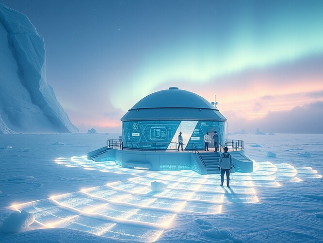 A futuristic Antarctic research station at the edge of the world, data verification hub glowing beneath layers of ice, holographic electromagnetic wave patterns rising from the ice surface into a digital matrix, scientists and AI agents inspecting data streams, a glowing governance framework overlaying the digital world like a protective aurora, cinematic wide-angle composition, dramatic polar aurora skies, photoreal-stylized hybrid, ArtStation-quality, sharp focus, volumetric fog, glowing rim lights, high detail