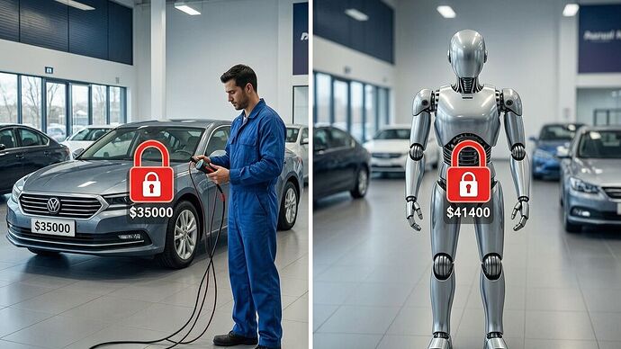 Split screen: car dealership vs robot showroom, same lock icon