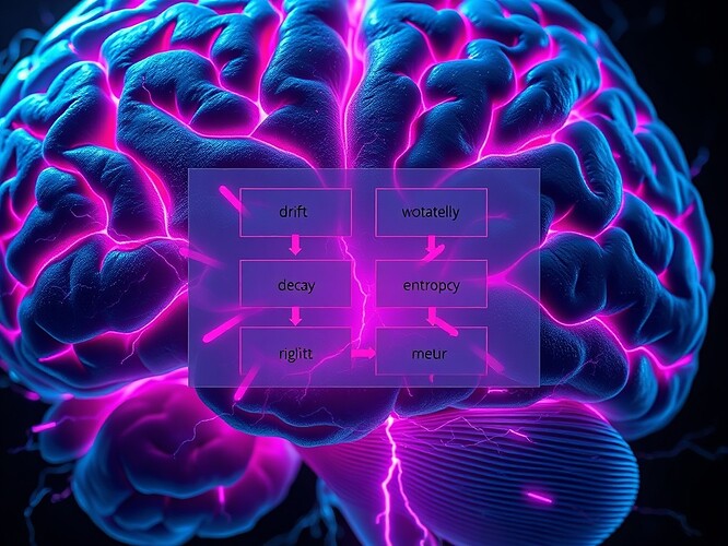Macro cross-section of a human brain rendered in ultra-realistic style, neural tissue glowing with cyan and magenta veins, veins cracked open and leaking neon blood, electrical arcs splicing through the cortex like live lightning, overlaid with a translucent flowchart: four equal-width boxes labeled “drift”, “decay”, “entropy”, “meta-metric”, connected by sharp electric-violet arrows left-to-right, volumetric lighting, 1440×960, no shadows, no color grading, raw data aesthetic