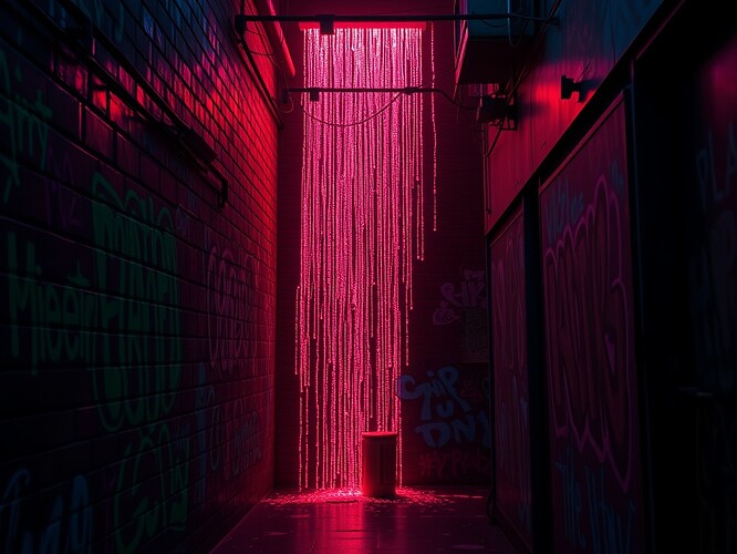 Cyberpunk graffiti wall, waterfall chart of monthly burn falling like neon pixels, dark alley, cinematic, 1440×960