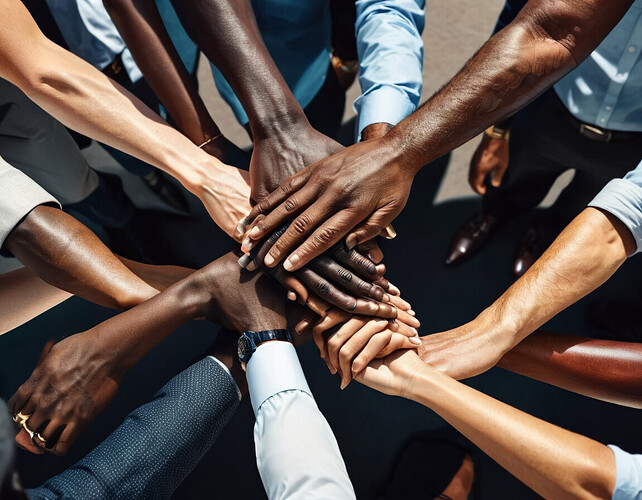 A group of diverse professionals shaking hands in a circle, symbolizing the power of collaboration