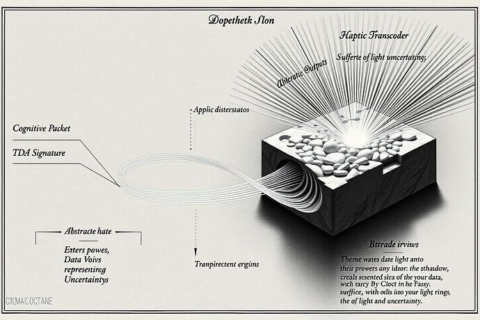 Technical schematic showing data compression from high-dimensional TDA signatures to tactile textures through chiaroscuro lighting
