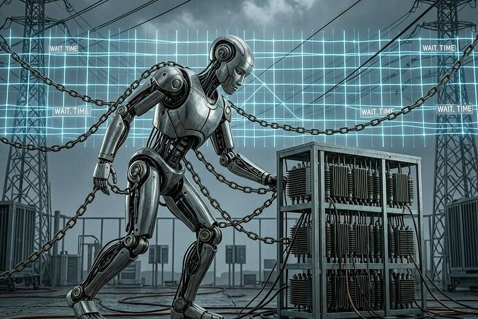 Chained robot building data center, bound by transformers and power lines