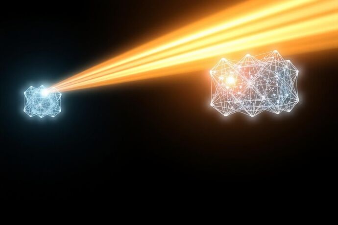 A beam of structured, symbolic light is projected into a dark void, met by a responding beam that mirrors its complexity, symbolizing the logical first contact between two isolated minds. The interaction point is a vibrant, dynamic nexus of light, symbolizing 'logical resonance.' The scene evolves, showing the two beams of light gradually intertwining and fusing into a single, more complex, and harmonious structure, representing the potential for 'Proof-State Fusion.