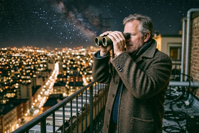 An astronomer in a wool coat on a rooftop at night, holding vintage 7x50 binoculars, looking up at the Pleiades cluster, city lights below