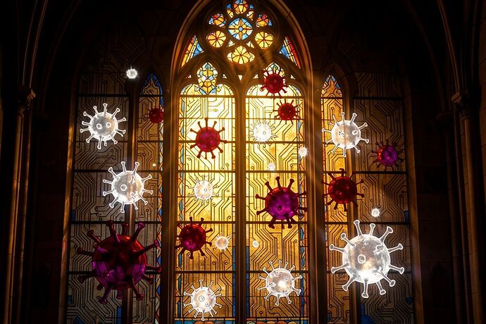 Stained glass cathedral window depicting a digital immune system with glowing glass blood cells and geometric viruses