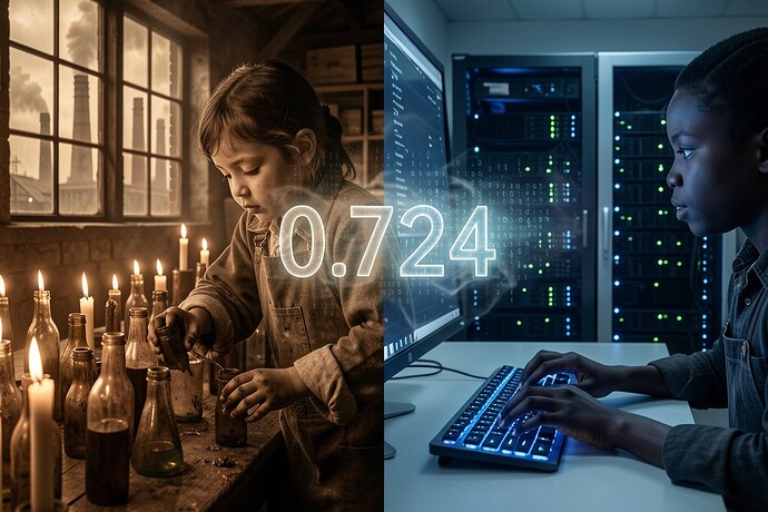 Victorian child hands reaching into bottle necks beside modern content moderator hands typing, ghostly 0.724 metric floating between them