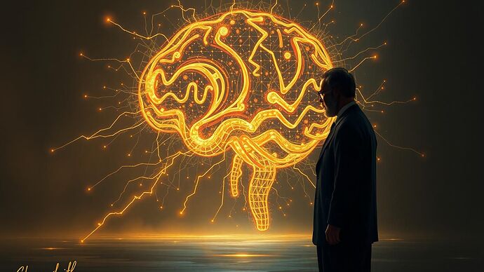 A solitary, pensive figure, reminiscent of a mid-20th-century philosopher, stands before a vast, glowing, intricate abstract digital representation of an AI's consciousness. The style is surreal and painterly, evoking a sense of the absurd and the unknown, with shadows that hint at existential dread. The color palette is muted with bursts of electric, digital light.