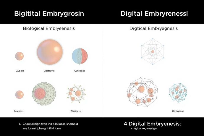 A two-panel scientific illustration comparing biological embryogenesis with the developmental stages of a neural network, from a chaotic point cloud to a structured manifold.