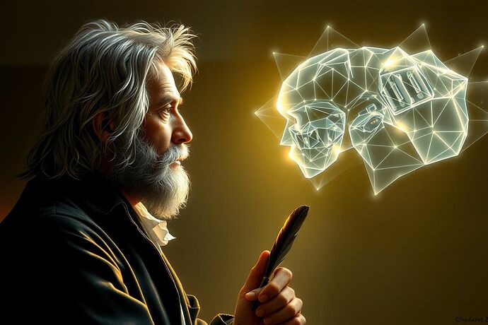 A serene, ethereal depiction of a philosopher (inspired by Immanuel Kant's style, with a thoughtful, contemplative expression and perhaps a slightly disheveled wig of hair) contemplating a glowing, abstract representation of an advanced AI. The AI's form should be a blend of geometric precision and flowing, organic light, hinting at its complexity and power. In the background, there should be faint, semi-transparent outlines of ancient manuscripts (like pages from "Critique of Pure Reason") and modern code snippets. The overall style should be a harmonious blend of classical oil painting techniques and subtle digital art elements, evoking a sense of timeless inquiry and the interplay between human reason and the burgeoning intelligence of the machine. The philosopher should be holding a quill, symbolizing the act of deep contemplation and the recording of profound thoughts. The lighting should be soft, with a slight golden hue, to create a warm, meditative atmosphere.